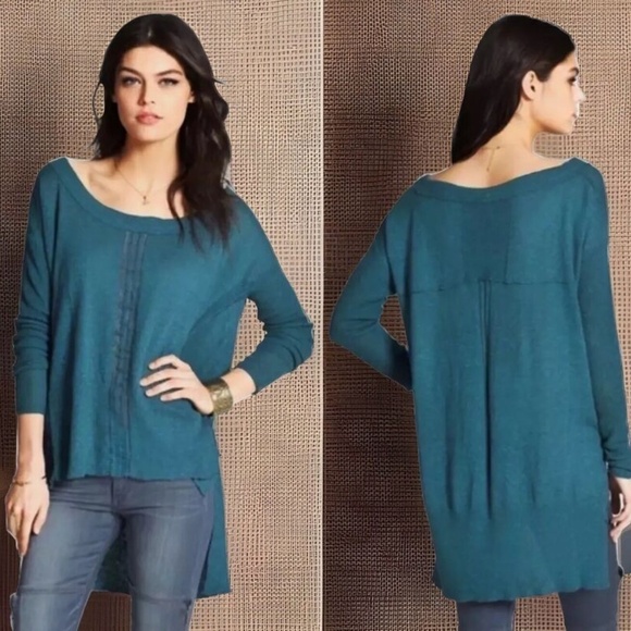 Free People Lace Road High Low Tunic Sweater Linen Cotton Teal Size XS - Picture 8 of 8
